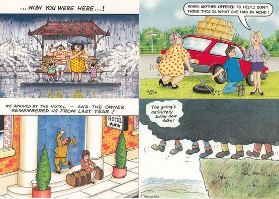 Disaster Holiday incl Hotel Bad Guest Weather etc 4x Comic Humour Postcard