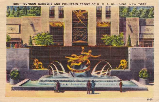 Gardens and Fountain - RCA Building - New York City - pm 1947 - Linen