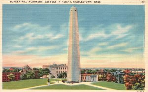 Vintage Postcard Bunker Hill Monument Charleston Massachusetts MA Tichnor Bros.