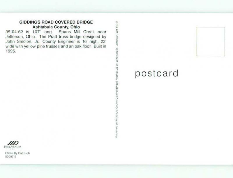 Unused Pre-1980 COVERED BRIDGE Jefferson Ohio OH t7749