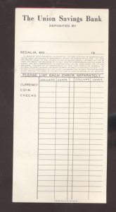 SEDALIA MISSOURI UNION SAVINGS BANK VINTAGE DEPOSIT SLIP LOT OF 7 SLIPS