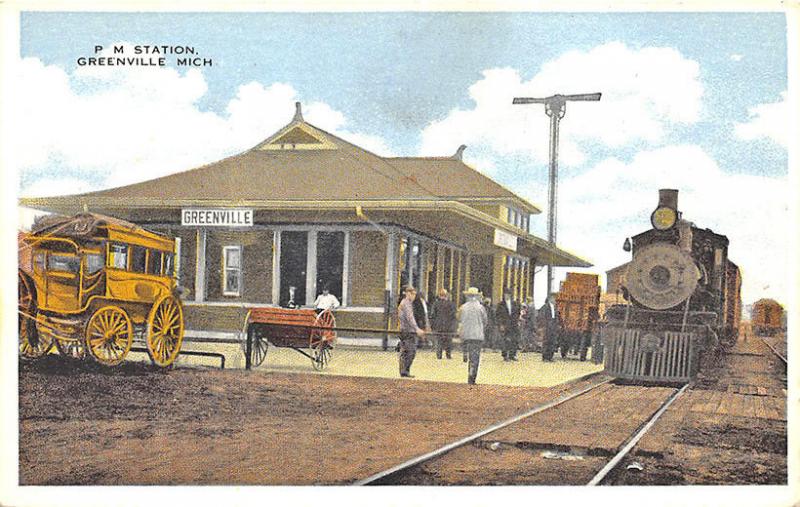 Greenville MI Wagons P. M. Railroad Station Train Depot Postcard