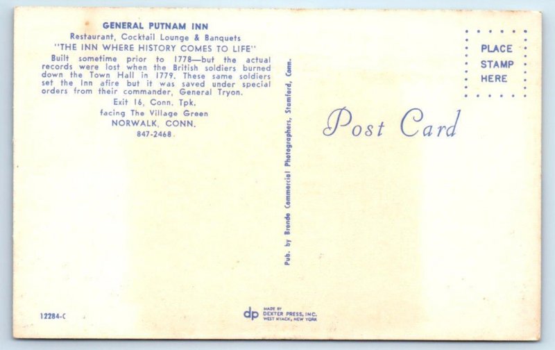NORWALK, Connecticut CT ~ Roadside GENERAL PUTNAM INN 1950s-60s Postcard