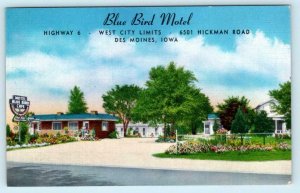 DES MOINES, Iowa IA ~ Roadside BLUE BIRD MOTEL c1940s Linen J.D. Smith Postcard