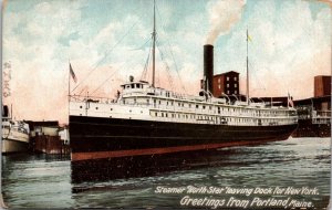 Postcard Steamer North Star Leaving Dock for New York from Portland, Maine~3652