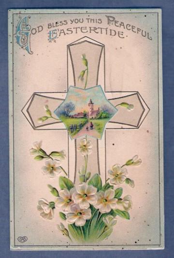 Easter Greetings - Religius - Cross & Church - Writing On Back - Not Posted