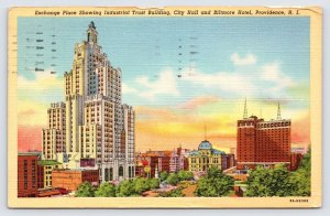 Providence RI, Trust Building City Hall & Baltimore Hotel Postcard c1946 P4