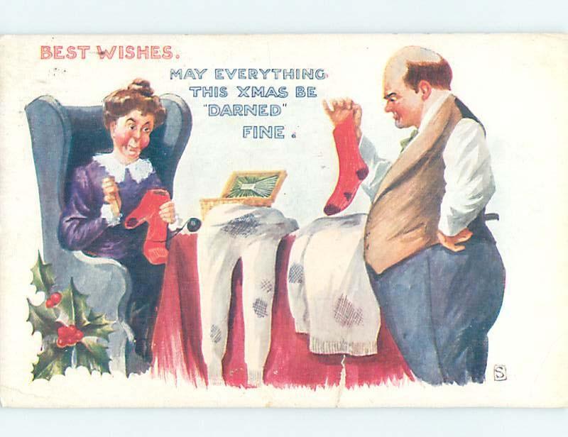 Edge Tear 1914 christmas signed HUSBAND FRUSTRATED HIS WIFE MENDS CLOTHES hk9685