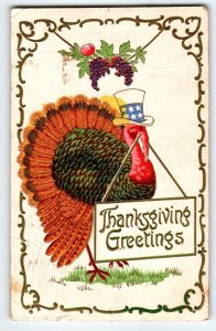 Thanksgiving Postcard Dressed Turkey In Uncle Sam US Hat Holds Sign Fantasy 1908