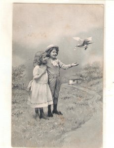 Dove brings letter to little children Nice old vintage postcard