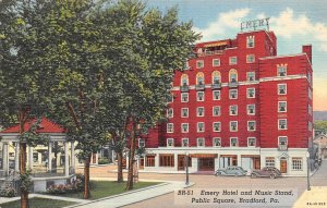 Emery Hotel Band Stand Public Square Bradford Pennsylvania 1940s linen postcard