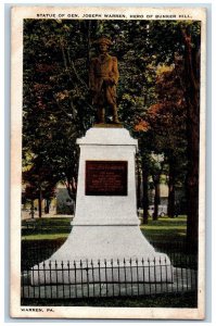 Warren Pennsylvania PA Postcard Statue Gen Joseph Warren Hero Bunker Hill 1938