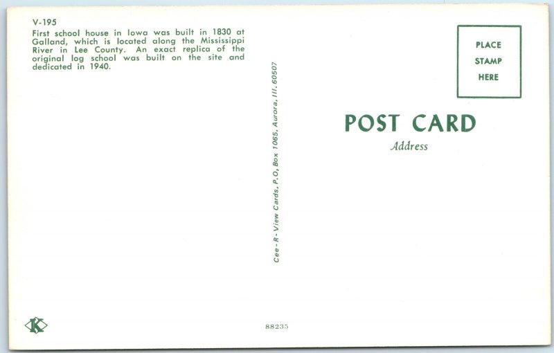 c1960s Galland, IA First School House Log Building Chrome Postcard A101