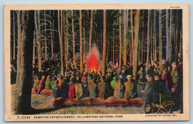 Postcard WY Yellowstone National Park Campfire Entertainment at Lodge Linen N16