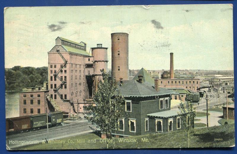 Hollingsworth & Whitney co paper mill Winslow Maine me 1912 postcard