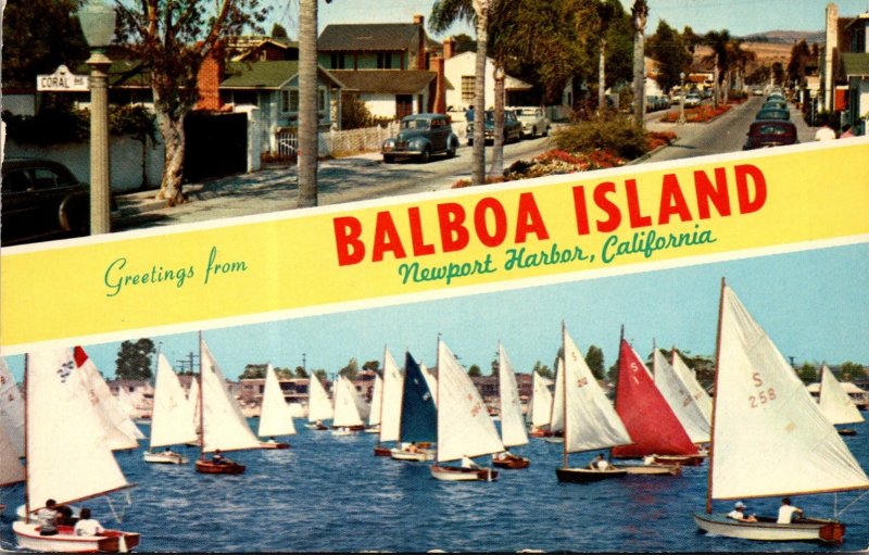 California Greetings From Balboa Island Showing Park Avenue and Newport Harbo...