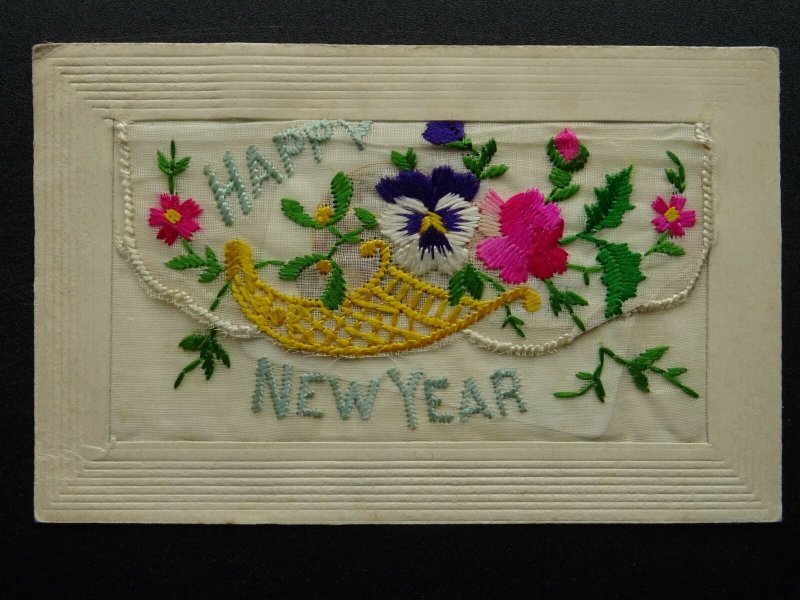 WW1 c1916 Embroidered Silk Postcard NEW YEAR & CHRISTMAS GREETING Insert Message