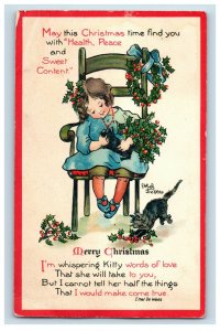 C. 1910 Lovely Ethel De Wees Christmas Girl Cat Dog Kitten Poem Postcards F103