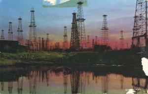 California Oil Wells At Sunset CA Calif Derricks Energy Industry Postcard D10c
