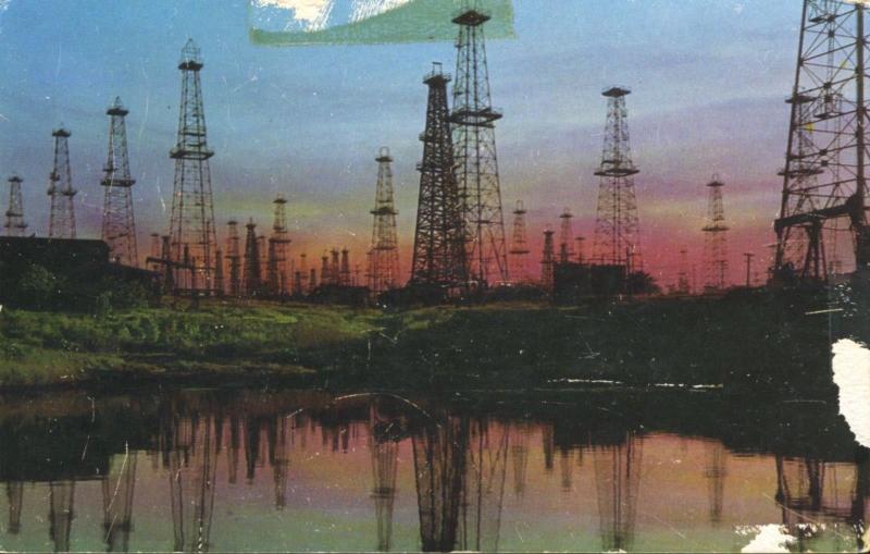 California Oil Wells At Sunset CA Calif Derricks Energy Industry Postcard D10c