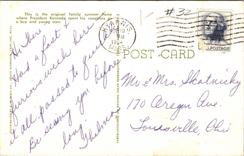 Summer Home President Kennedy Estate Hyannisport Postcard PM Cancel WOB Note VTG 