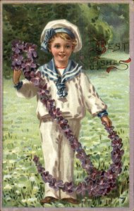 Best Wishes Little Boy Sailor Suit Anchor of Flowers c1910 Embossed Postcard