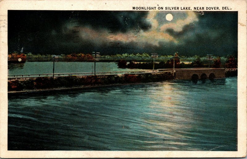 Vtg 1920s Moonlight on Silver Lake Night View Near Dover Delaware DE Postcard