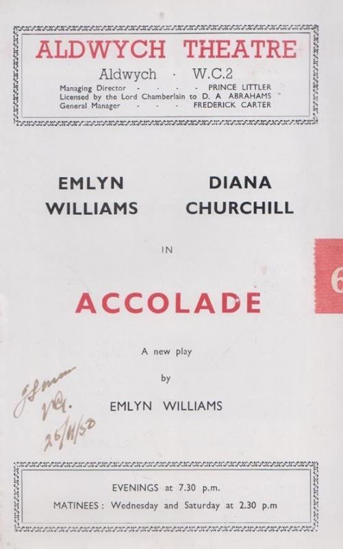 Accolade Emlyn Williams Diana Churchill Aldwych Old London Theatre Programme