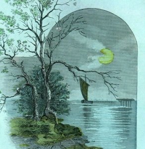 1870s-80s Engraved & Hand Colored C. L. Schultse Moon Sailboat Lake P215