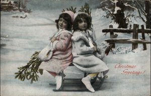 1909 Christmas Postcard Cute Little Girls Winter Coats Antique Sled