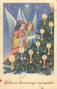 Hungary Christmas greetings postcard 1939 drawn musical angels