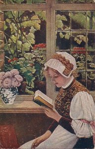 Beautiful Girl, Woman Reading Book, Novel, Folklore, Artist Signed, 1910-20