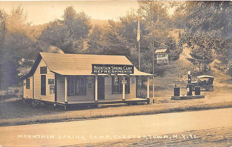 Chestertown NY Mountain Spring Camp Socony Gas Station Old Car RPPC Postcard