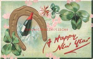 New Year, Champagne Bottle, Horseshoe, Embossed, Rapheal Tuck No. 139