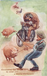 Mad Cyclist Motorcycle Running Over Farmer Disaster Old Comic Postcard