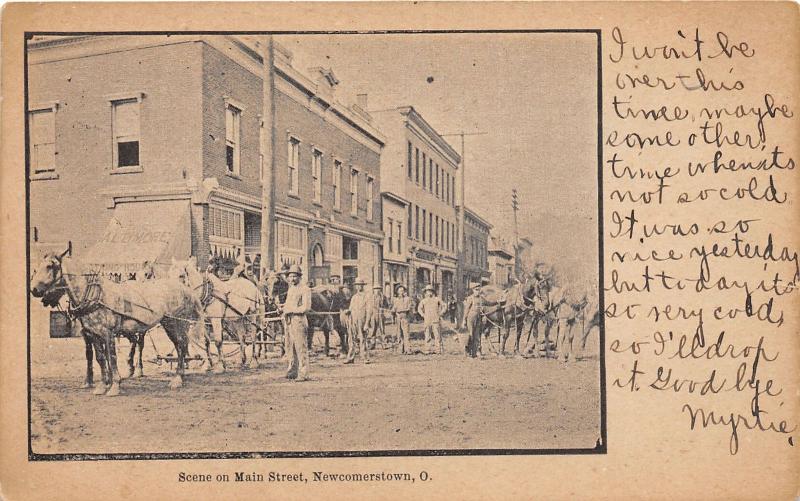 E83/ Newcomerstown Tuscarawas Ohio Postcard 1908 Main Street Workers 17