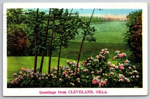 Greetings From Cleveland Oklahoma~Trees & Flower Bush~PM 1937 Linen Postcard