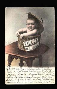 3047963 Tinted Boy Baby in Basket vintage Photo RPPC Saarbekova