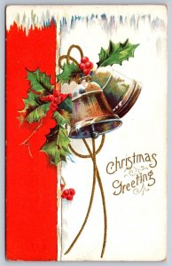 Christmas Greetings, Holly, Bells, Antique 1910 Embossed Postcard