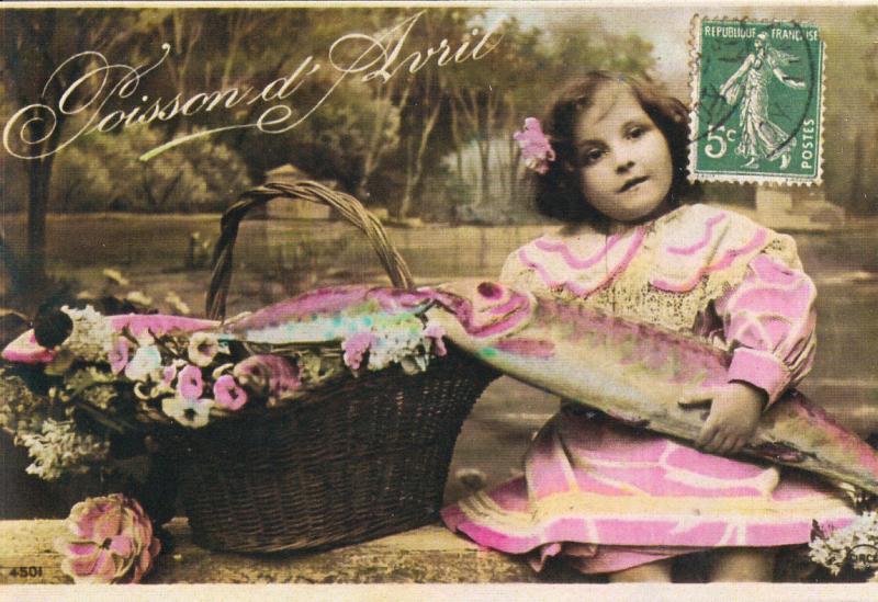 REPRINT April Fools' Day charm little girl with fish fantasy