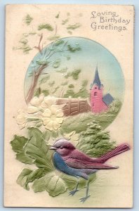 1910 Birthday Greetings Bird Flowers And Church Scene Airbrushed Posted Postcard