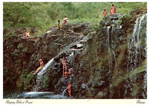 Famous Slippery Slide Waterfall Kids In Water Sitting on Rocks Hawaii Postcard