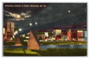 Vintage 1940's Postcard Wheeling West Virginia Skyline At Night 