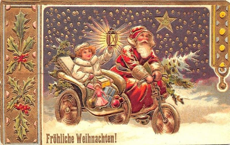 Christmas Santa Claus Motorcycle Sidecar Embossed Russian Postcard