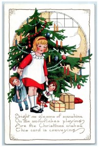 c1910's Christmas Tree Little Girl With Doll And Gifts Embossed Antique Postcard