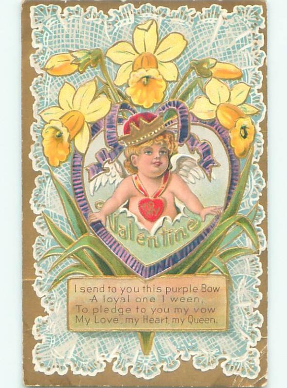 Pre-Linen valentine CUPID WEARING CROWN BURSTS THROUGH HEART & DAFFODILS W7302