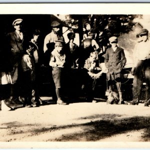 c1920s Outdoors Young Boys & Pet Monkey RPPC Newsboy Hat Real Photo Primate A161