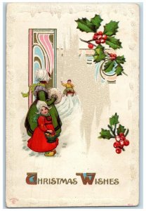 c1910's Christmas Wishes Dutch Mother And Daughter Holly Berries Posted Postcard