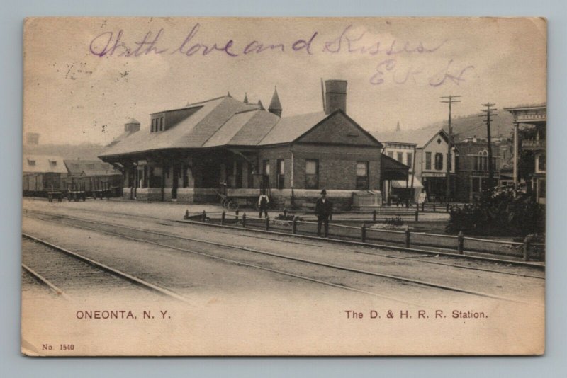 1900s Train Station D & H Railroad Oneonta New York Delaware Hudson Postcard 