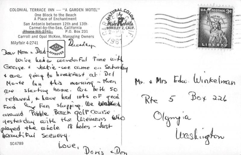 COLONIAL TERRACE INN Garden Motel CARMEL, CA Carroll McKee 1967 Vintage Postcard